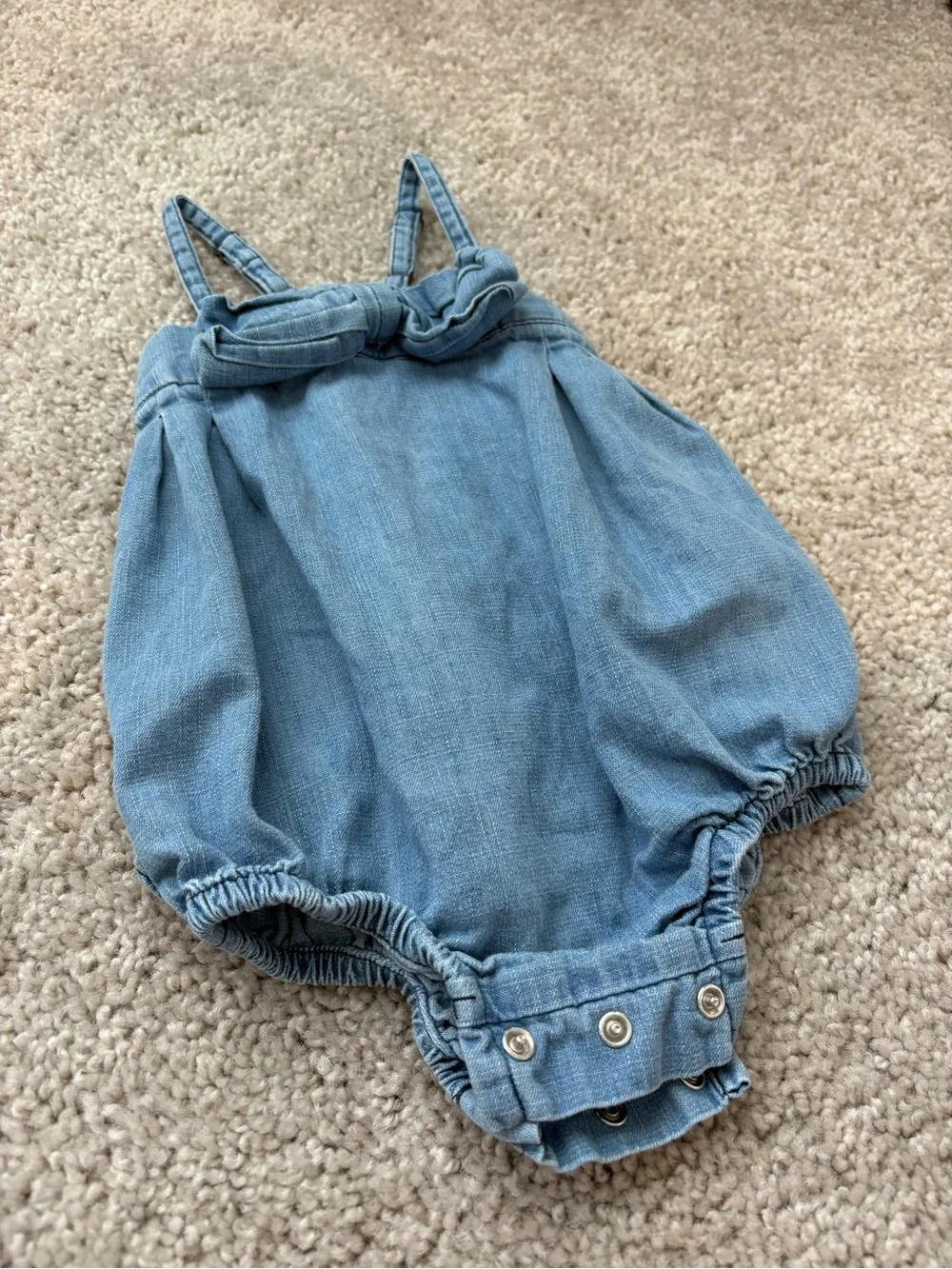 Ruffle Butts Light Blue Denim Bubble Romper with Bow
